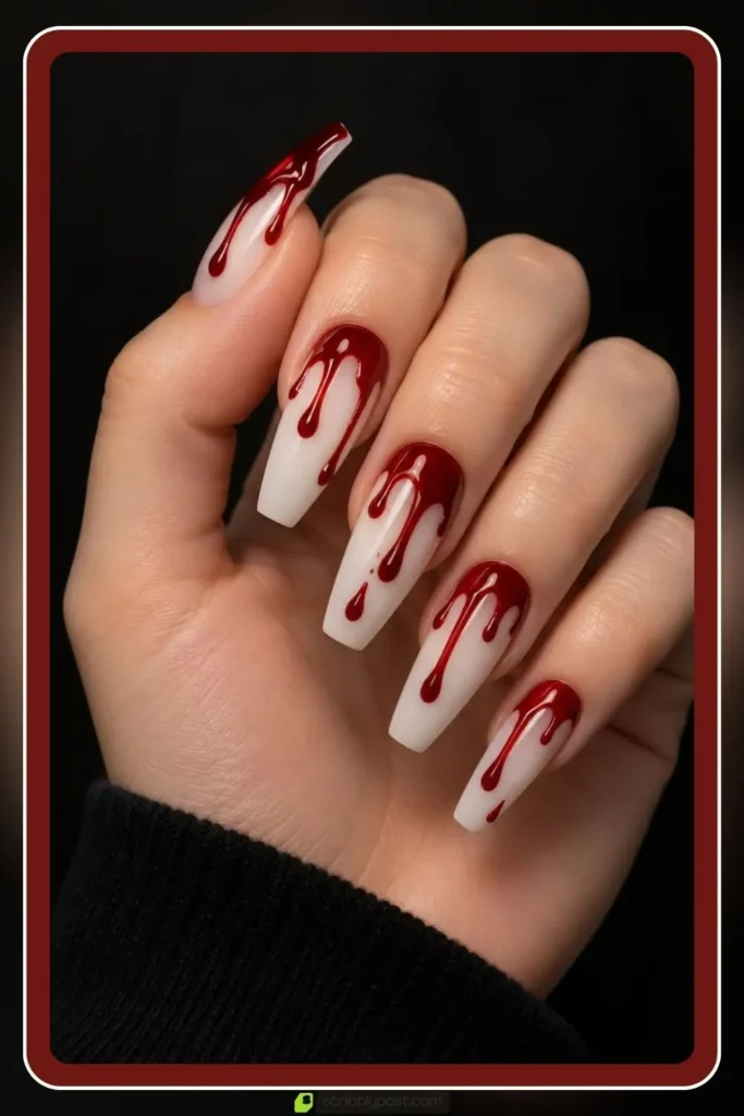 The Halloween Nail Scale: Five Levels from Nobody Would Know to Full Spooky 13 Spooky halloween nails with uneven red blood drips on long coffin nails