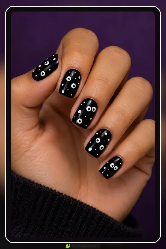 The Halloween Nail Scale: Five Levels from Nobody Would Know to Full Spooky 12 Easy halloween nails made with a dotting tool, white dots and eyes on a black base