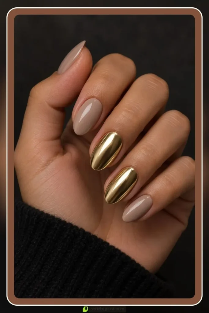 The October Nail Plan: What to Book, When, and How to Fit Halloween Into It 8 October nails colors with a gold chrome accent buffed over two nails on a neutral base