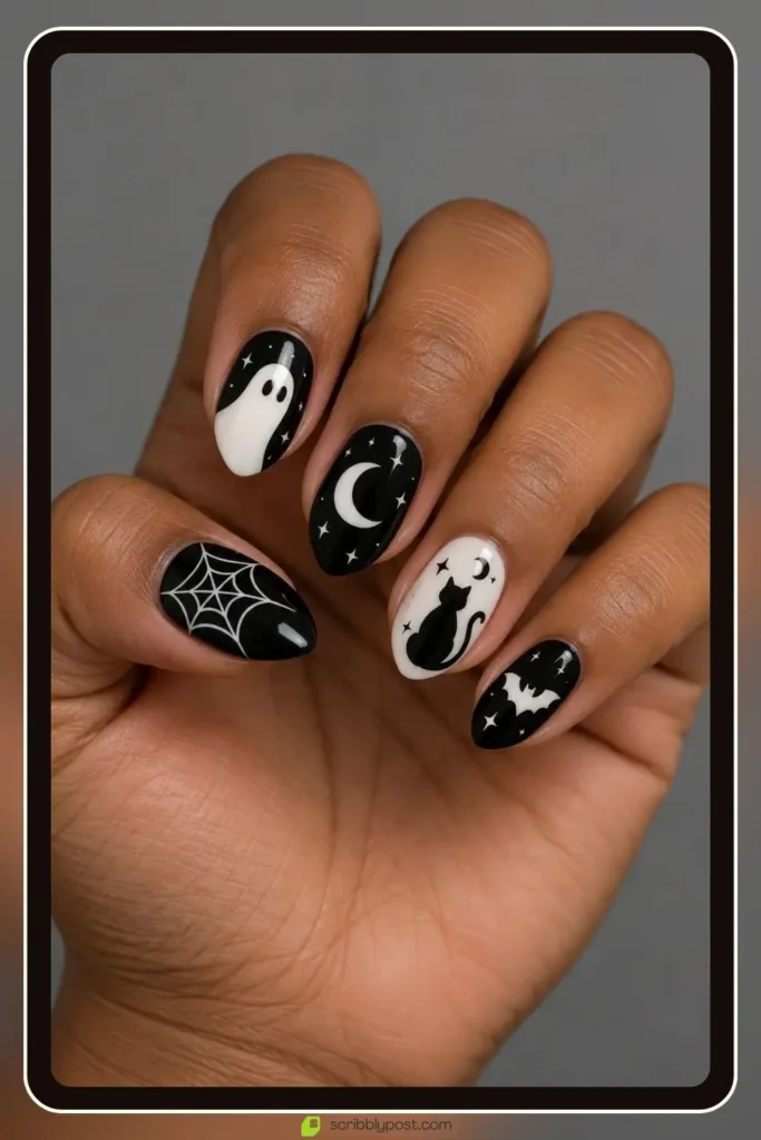 The Halloween Nail Scale: Five Levels from Nobody Would Know to Full Spooky 10 Halloween nails designs with a different black and white motif on every nail