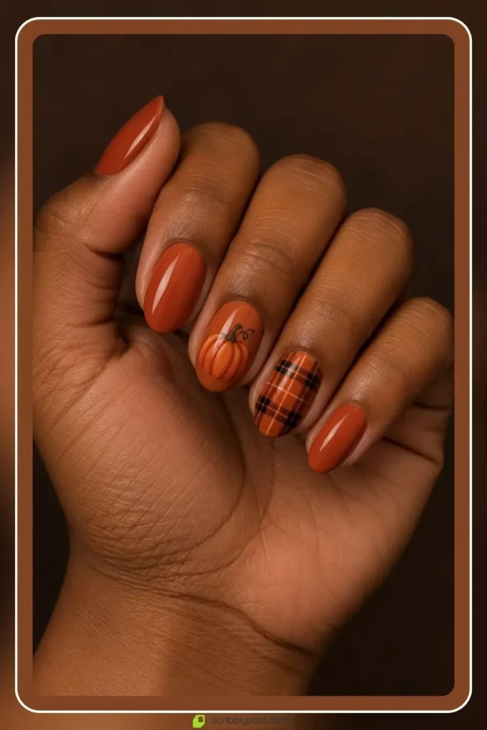 The Halloween Nail Scale: Five Levels from Nobody Would Know to Full Spooky 11 Orange and black halloween nails with a painted pumpkin and a soft plaid accent nail