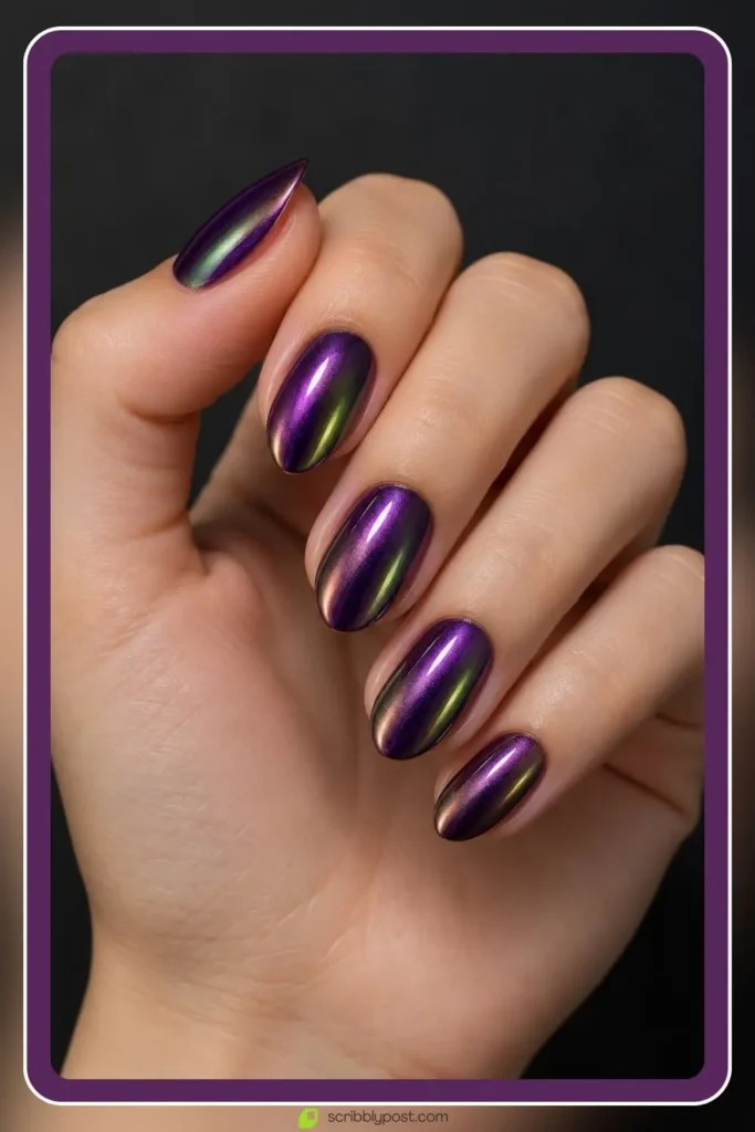 The Halloween Nail Scale: Five Levels from Nobody Would Know to Full Spooky 5 Purple halloween nails in an iridescent chrome that shifts between violet and green