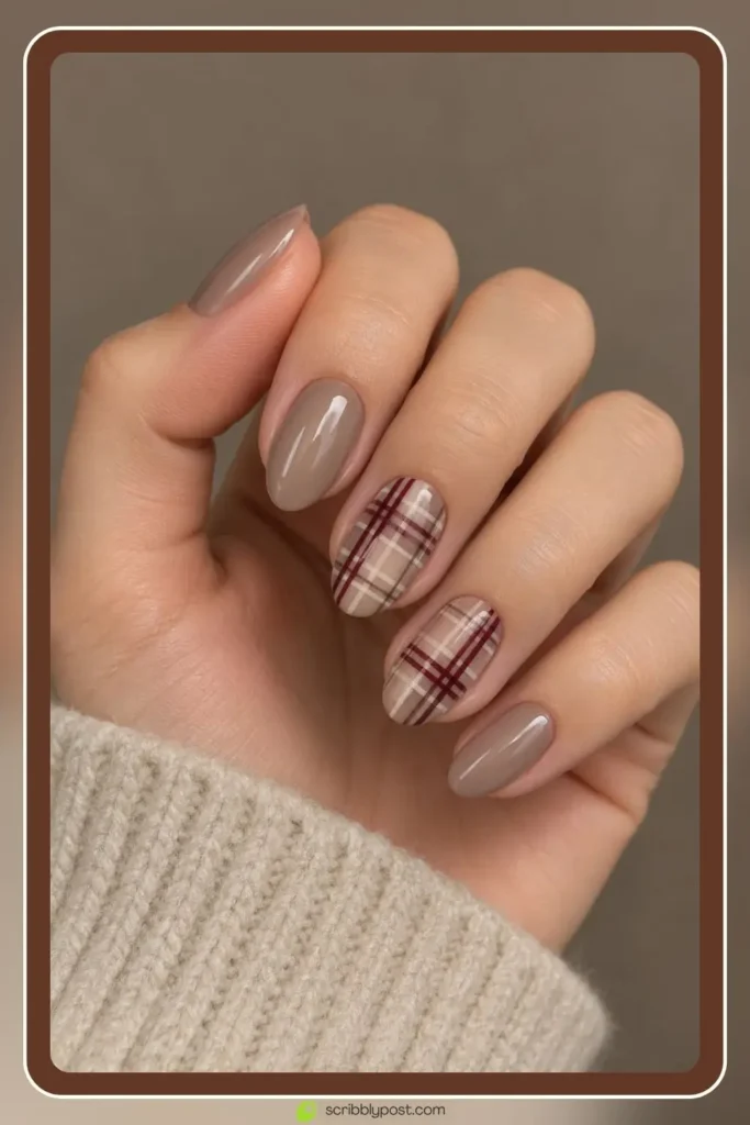 The October Nail Plan: What to Book, When, and How to Fit Halloween Into It 5 Soft plaid october nails ideas with fine burgundy lines on two accent nails over a neutral base