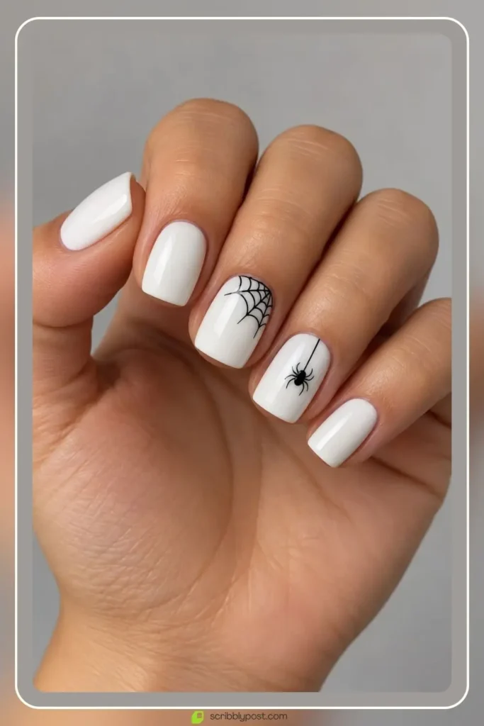 The Halloween Nail Scale: Five Levels from Nobody Would Know to Full Spooky 7 Spiderweb halloween nails with a fine black web in the corner of one white nail