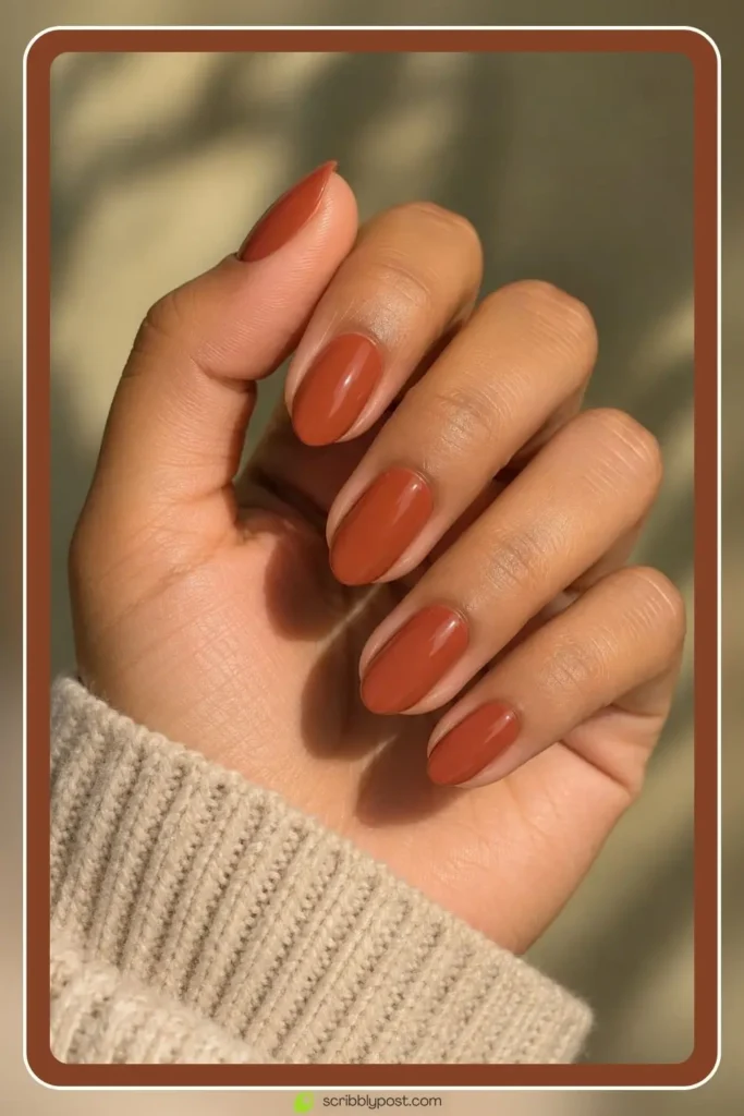The October Nail Plan: What to Book, When, and How to Fit Halloween Into It 4 Terracotta october fall nails in a muted brick orange with a cream finish