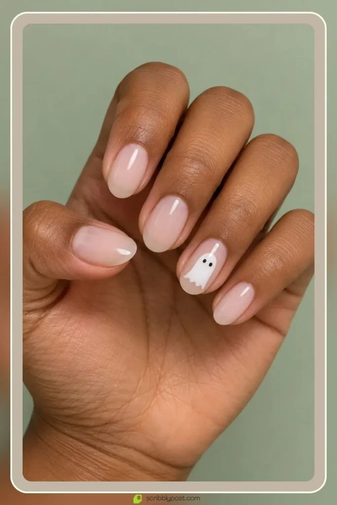 The Halloween Nail Scale: Five Levels from Nobody Would Know to Full Spooky 6 Halloween ghost nails with one small white ghost on a sheer base and plain nails beside it